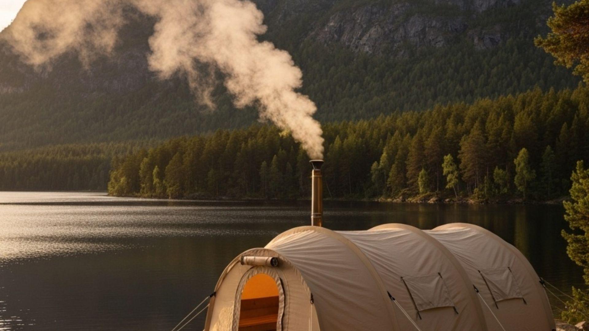 Badstutelt i norsk skogslandskap ved innsjø med damp som stiger opp