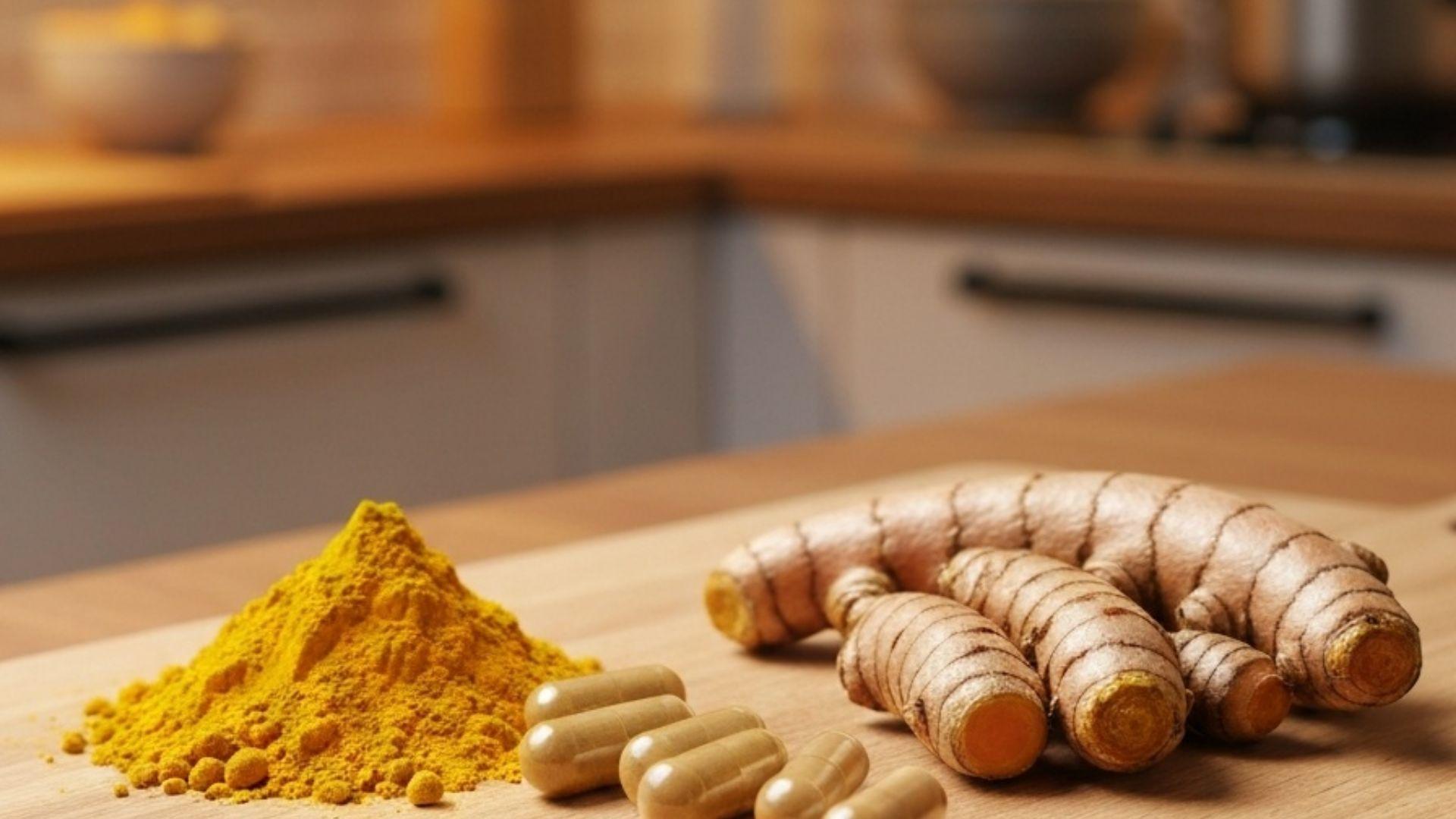 Gyllent gurkemeiepulver og curcumin-kapsler med fersk gurkemeierot