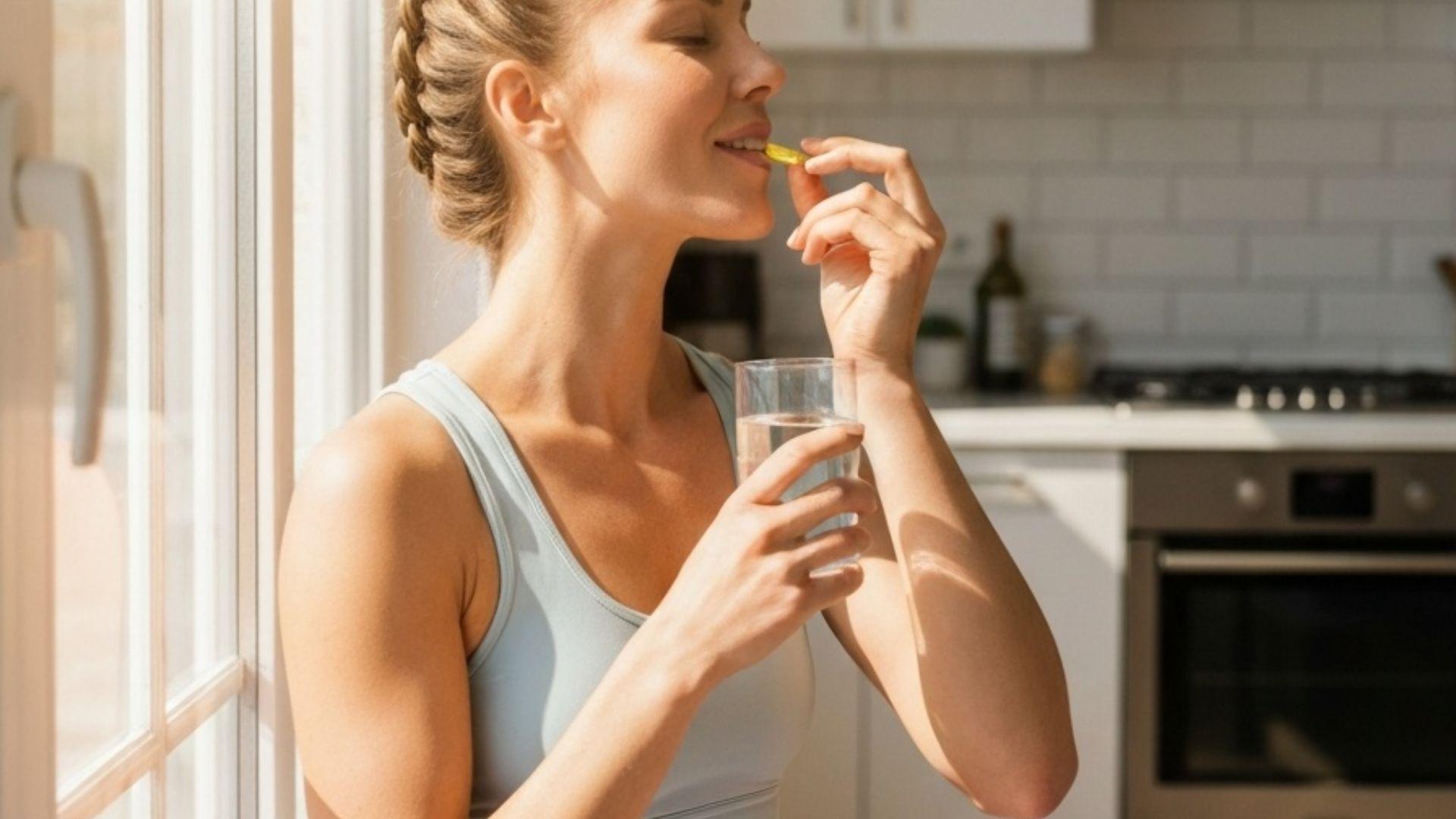 Kvinne tar D-vitamin kapsel ved et lyst kjokkenvindu