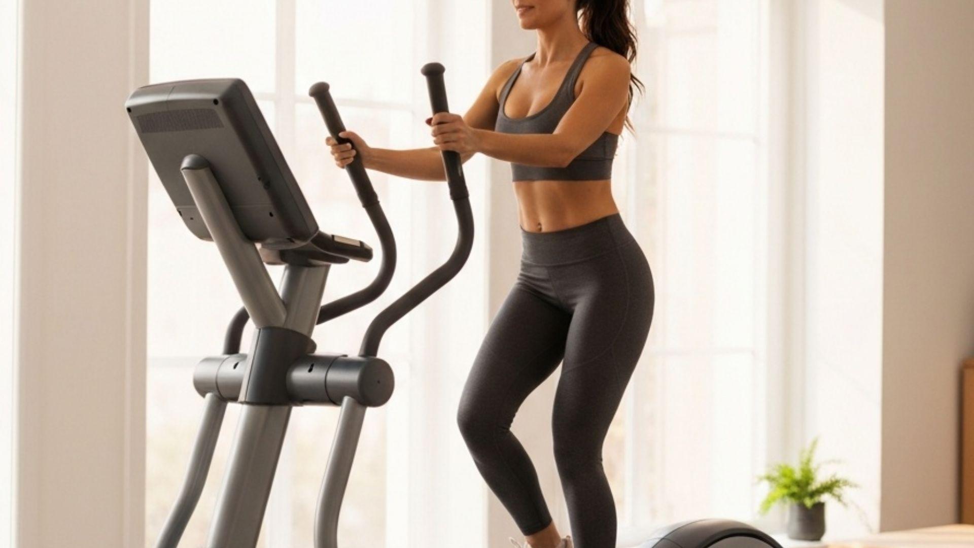 Kvinne trener på ellipsemaskin i moderne hjemmegym