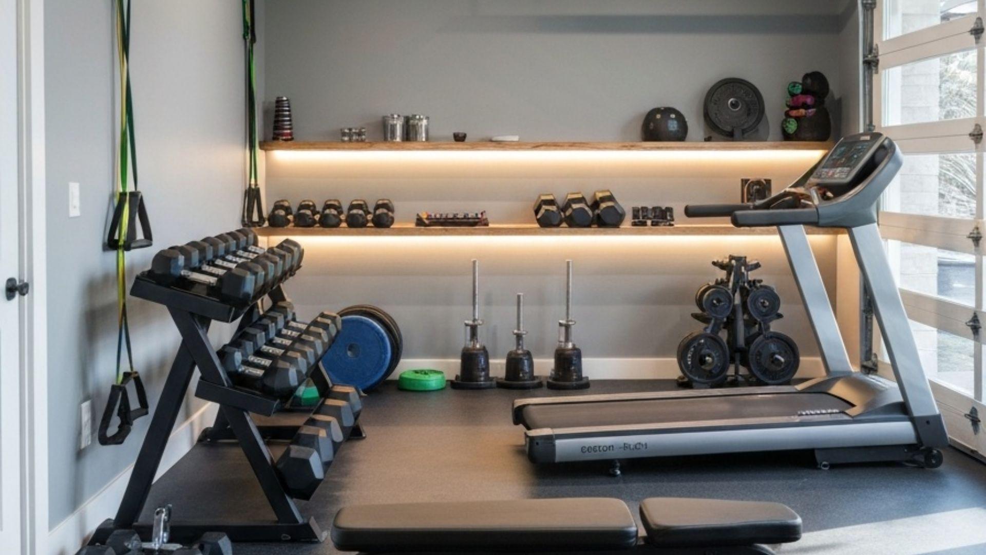 Moderne hjemmegym i garasje med treningsutstyr