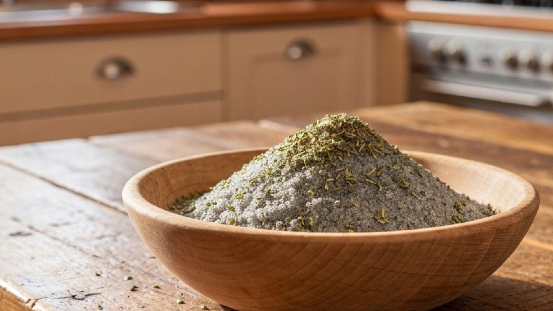Keltisk havsalt i rustikk treskål med urter på kjøkkenbord