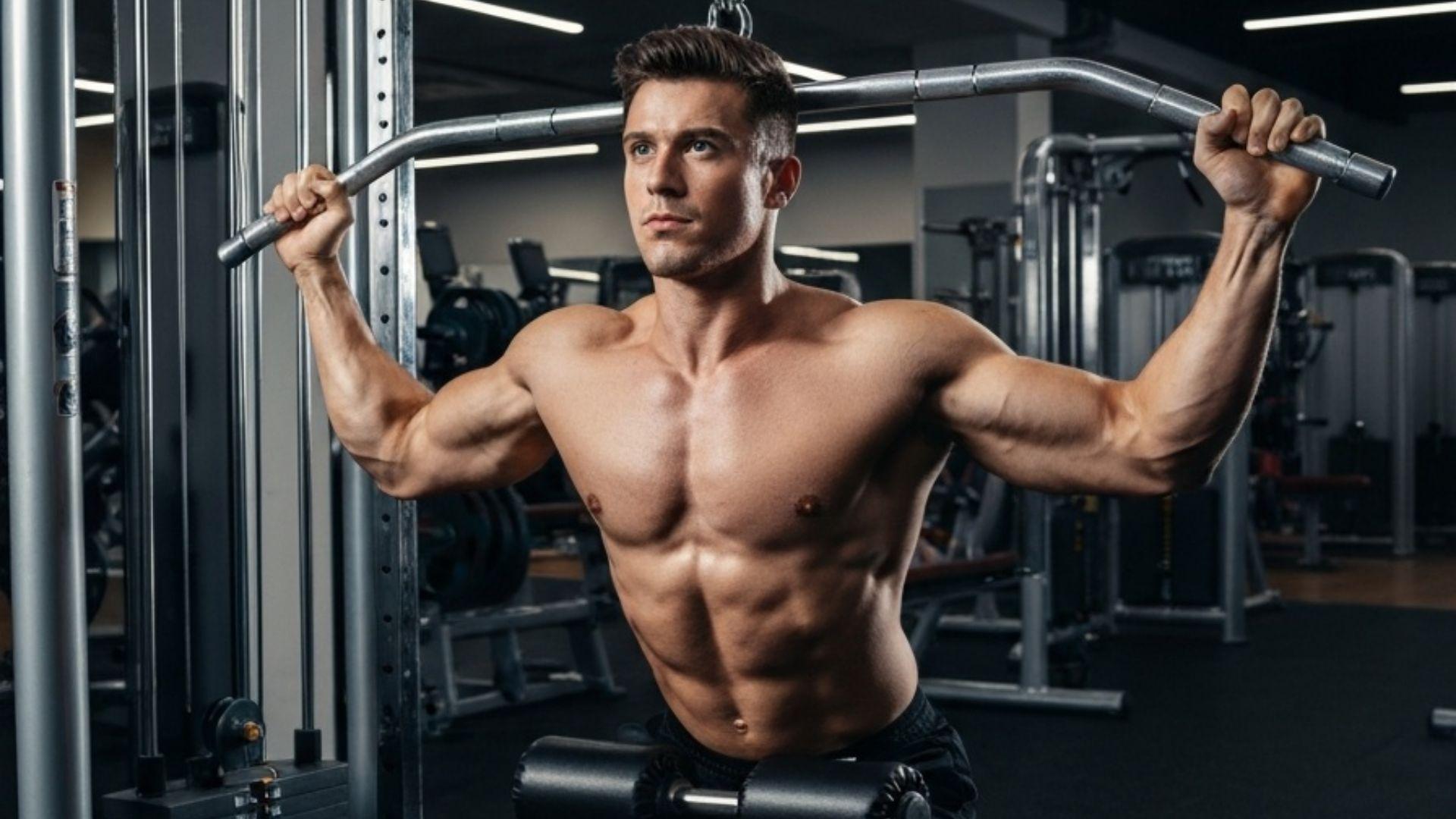 Person som utfører lat pulldown i treningsstudio med korrekt teknikk, bredt pronert grep og aktiverte ryggmuskler