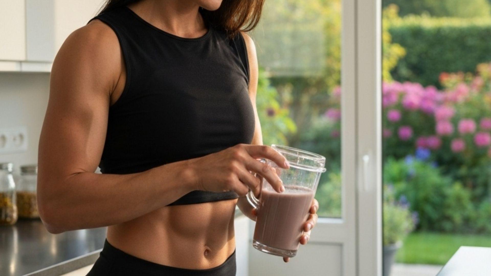 Kvinne lager proteinshake med whey isolat i moderne kjøkken