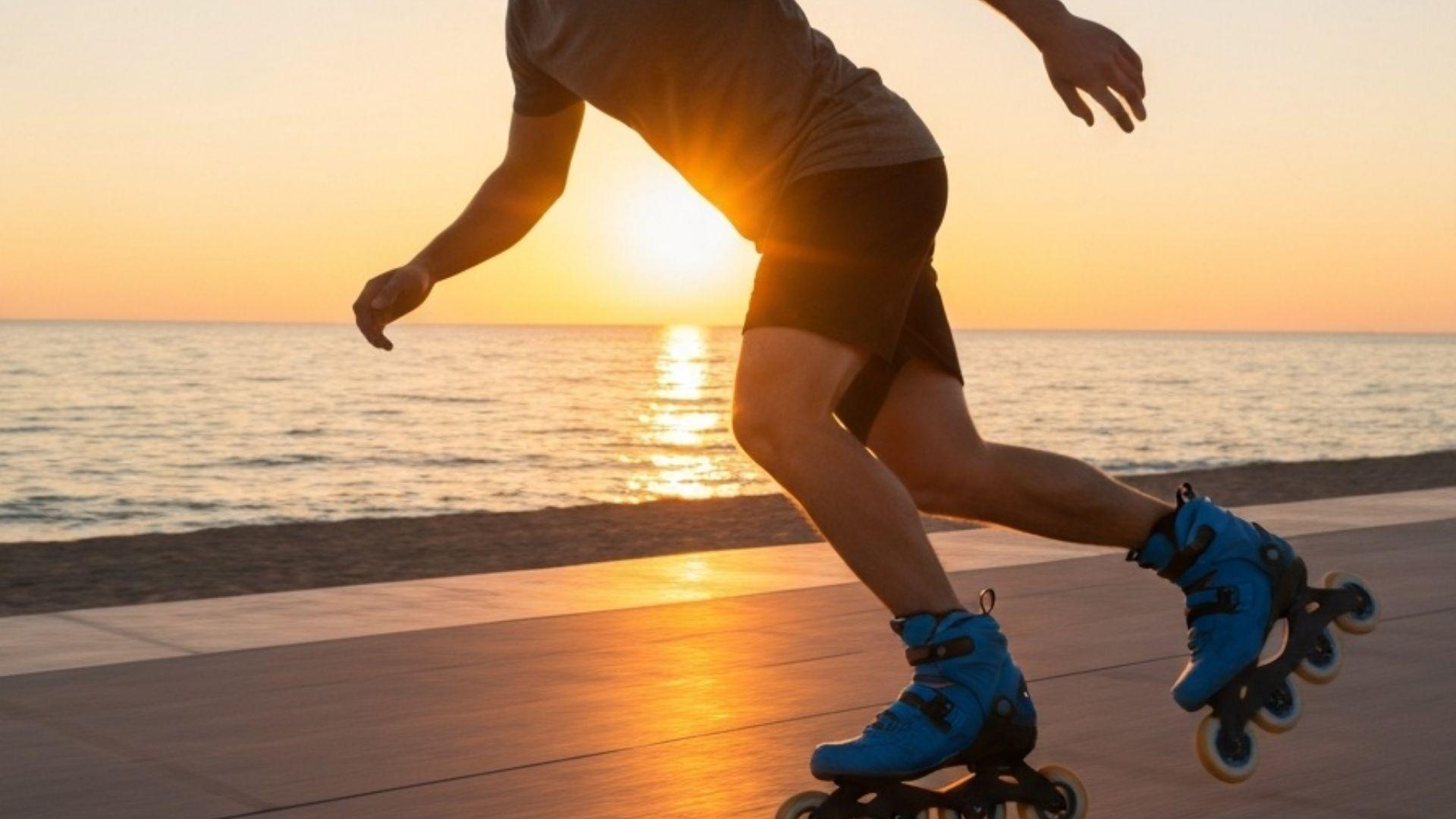 Person på inline rulleskøyter langs en kyststi i solnedgang