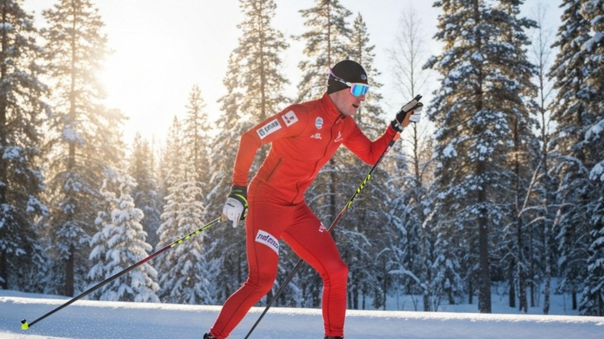 Langrennsløper med skistaver i karbonkomposit i sporet på en solfylt vinterdag