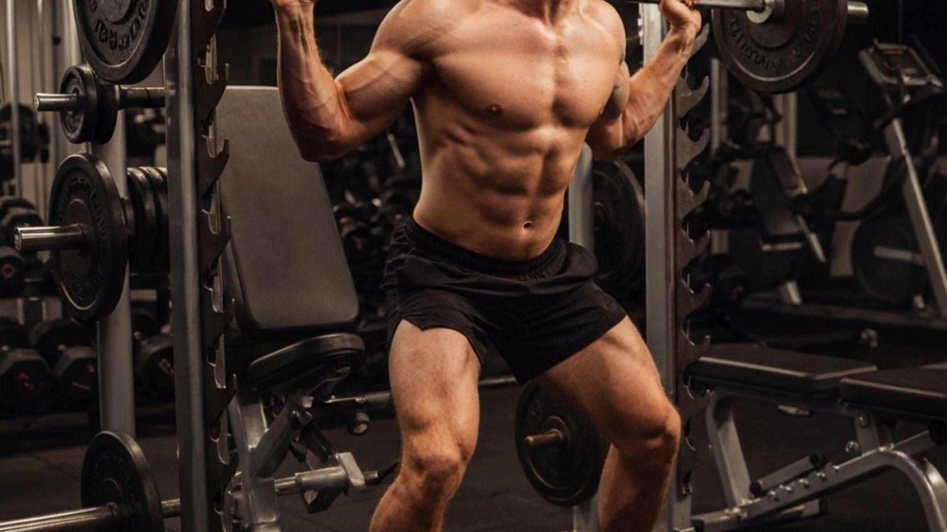 Mann trener knebøy i smith maskin i hjemmegym