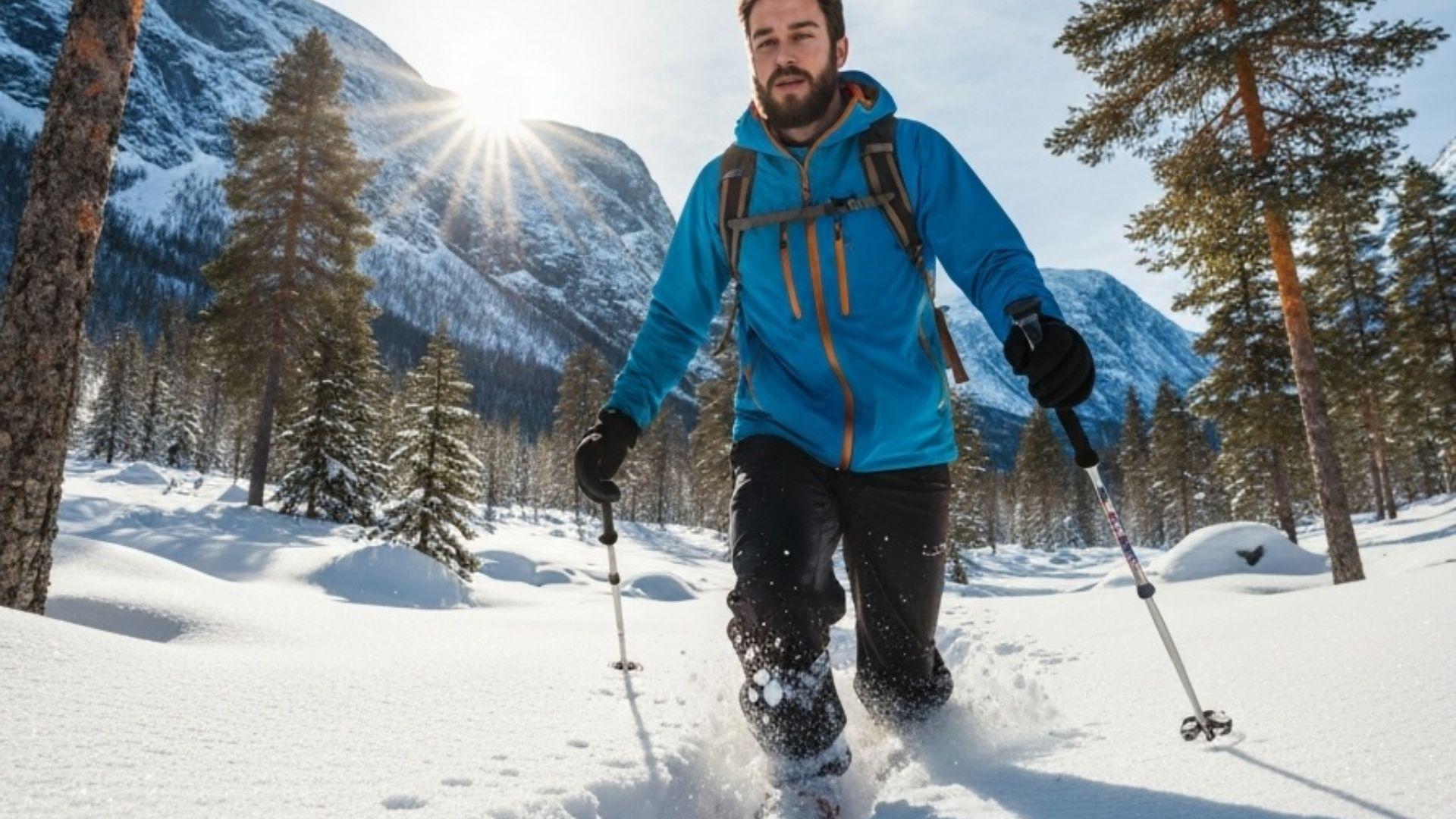 Mann med truger går gjennom dyp pulversnø i et solfylt norsk vinterlandskap med snødekte fjell