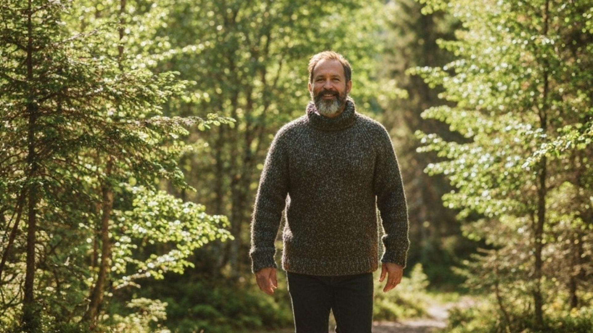 Person i tykk ullgenser gar i norsk skog i varmt naturlig lys