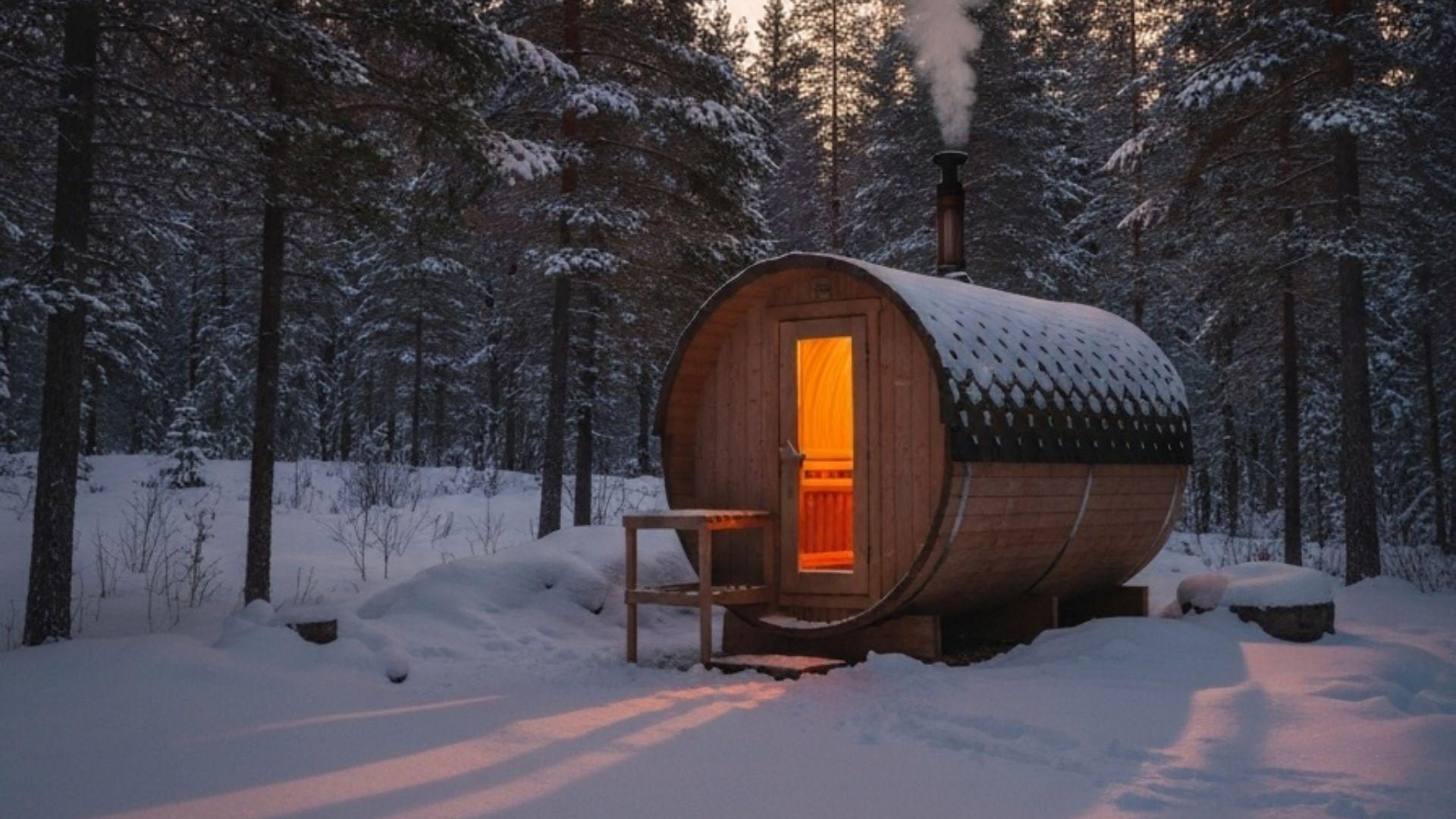 Trefatsbadstue utendors i snokledd norsk skog ved skumring