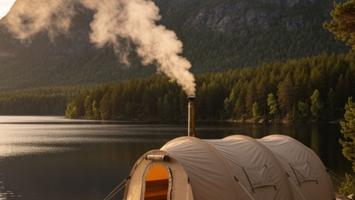 Badstutelt i norsk skogslandskap ved innsjø med damp som stiger opp