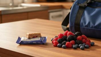 Proteinbar pa benk ved siden av ferske bar og treningsbag
