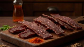 Beef jerky strimler med krydder på trefjøl