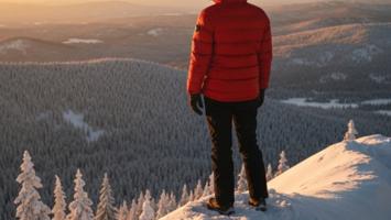 Person i rød dunjakke på en snødekket fjelltopp med utsikt over vinterlandskap