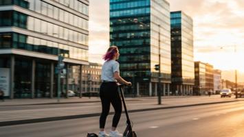 Person som kjører el-sparkesykkel gjennom norsk bygate i solnedgang