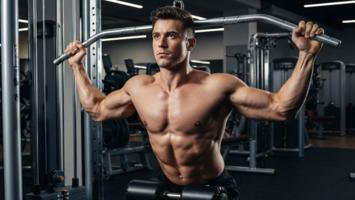 Person som utfører lat pulldown i treningsstudio med korrekt teknikk, bredt pronert grep og aktiverte ryggmuskler