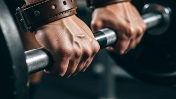 Hender med lifting straps som griper en vektstang i treningsstudio