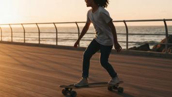 Person cruiser på longboard langs kyststi i solnedgang