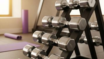 Pent organisert manualstativ med håndvekter i ulike vektklasser i et hjemmegym
