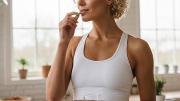 Kvinne tar multivitamin med vann i lyst kjokken