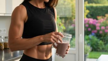 Kvinne lager proteinshake med whey isolat i moderne kjøkken