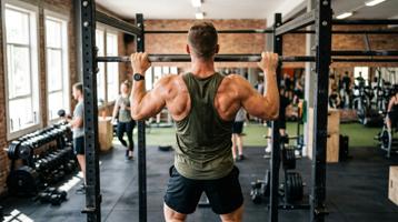 Person som utfører chin-up på pull-up stang med perfekt teknikk, ryggmuskler synlige, treningsstudio med naturlig lys