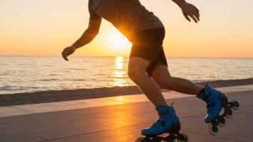 Person på inline rulleskøyter langs en kyststi i solnedgang
