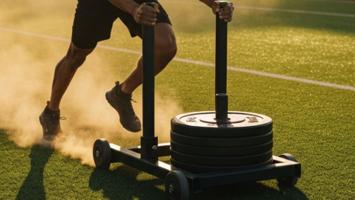 Atletisk utøver dytter en svart prowler-slede med vektskiver på et utendørsdekk i lavt kveldslys