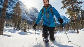 Mann med truger går gjennom dyp pulversnø i et solfylt norsk vinterlandskap med snødekte fjell