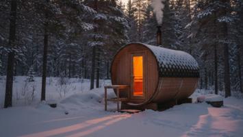 Trefatsbadstue utendors i snokledd norsk skog ved skumring