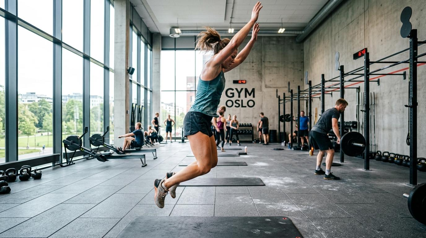 Person som gjør eksplosive burpees i treningsrom med energisk atmosfære