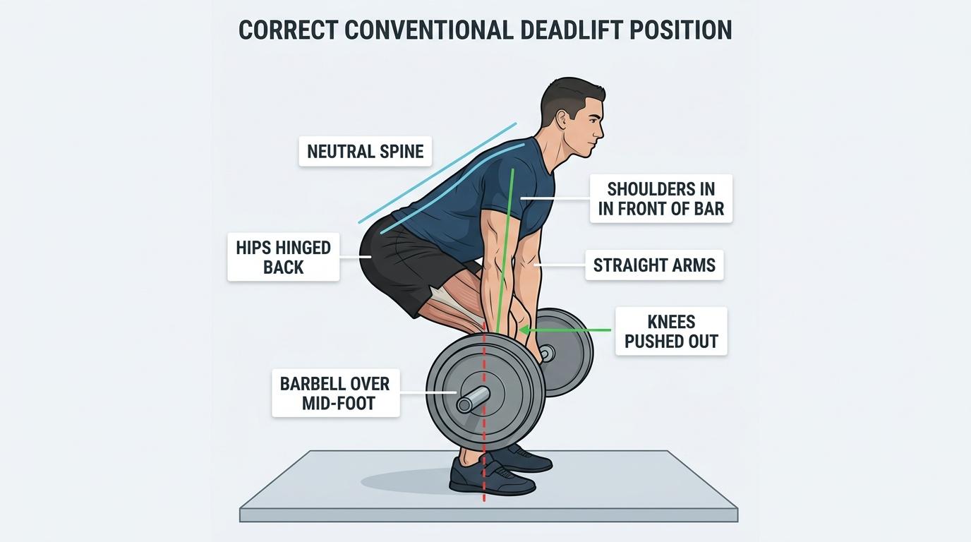 Side view av korrekt markløft-posisjon med nøytral rygg og stangen over fotspissen